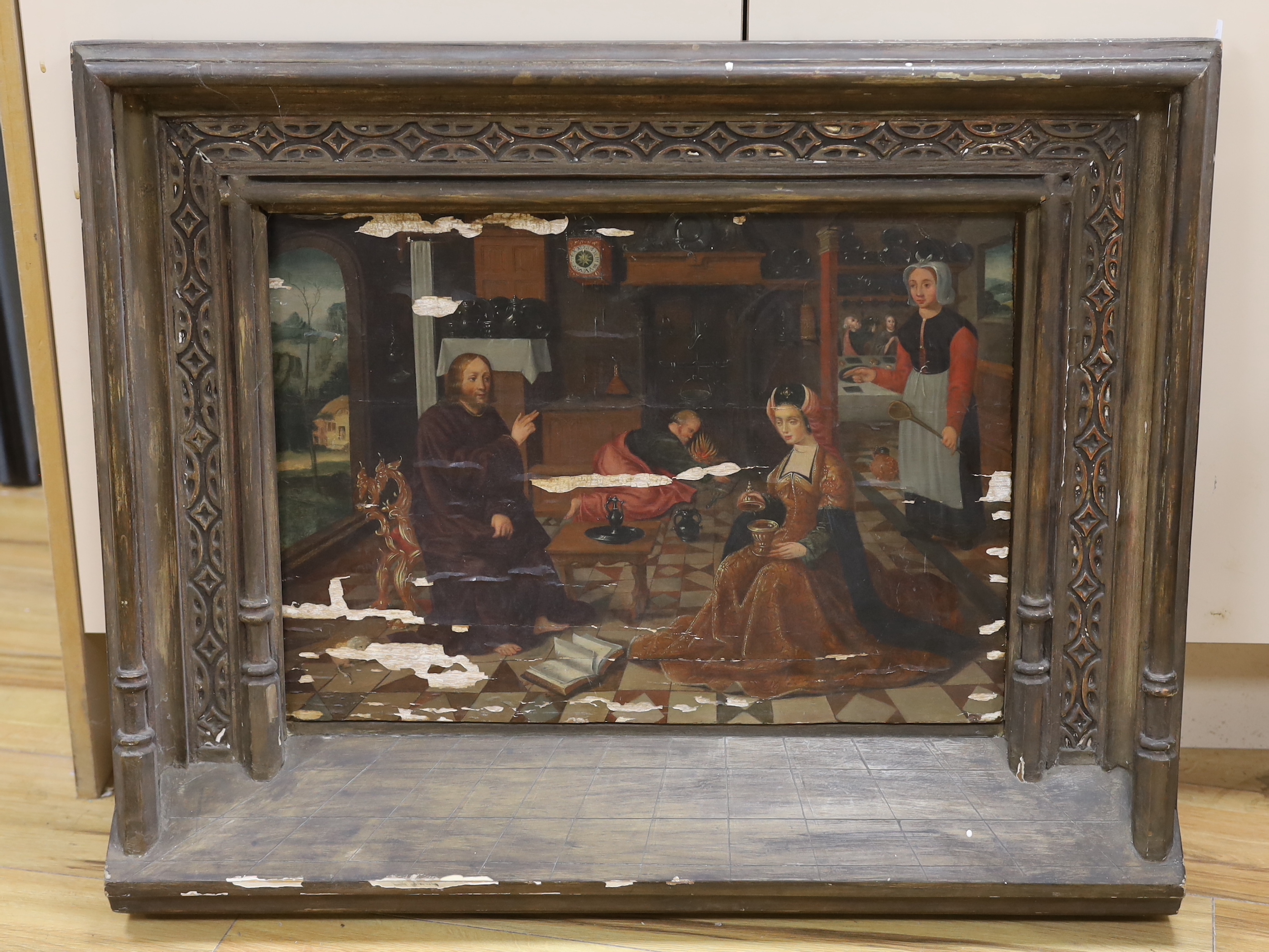 16th century style, oil on board, Figures in an interior, possibly by Maxwell Scott, The Pantechnicon, Maxwell Scott label verso, carved wood frame, 53cm x 38cm